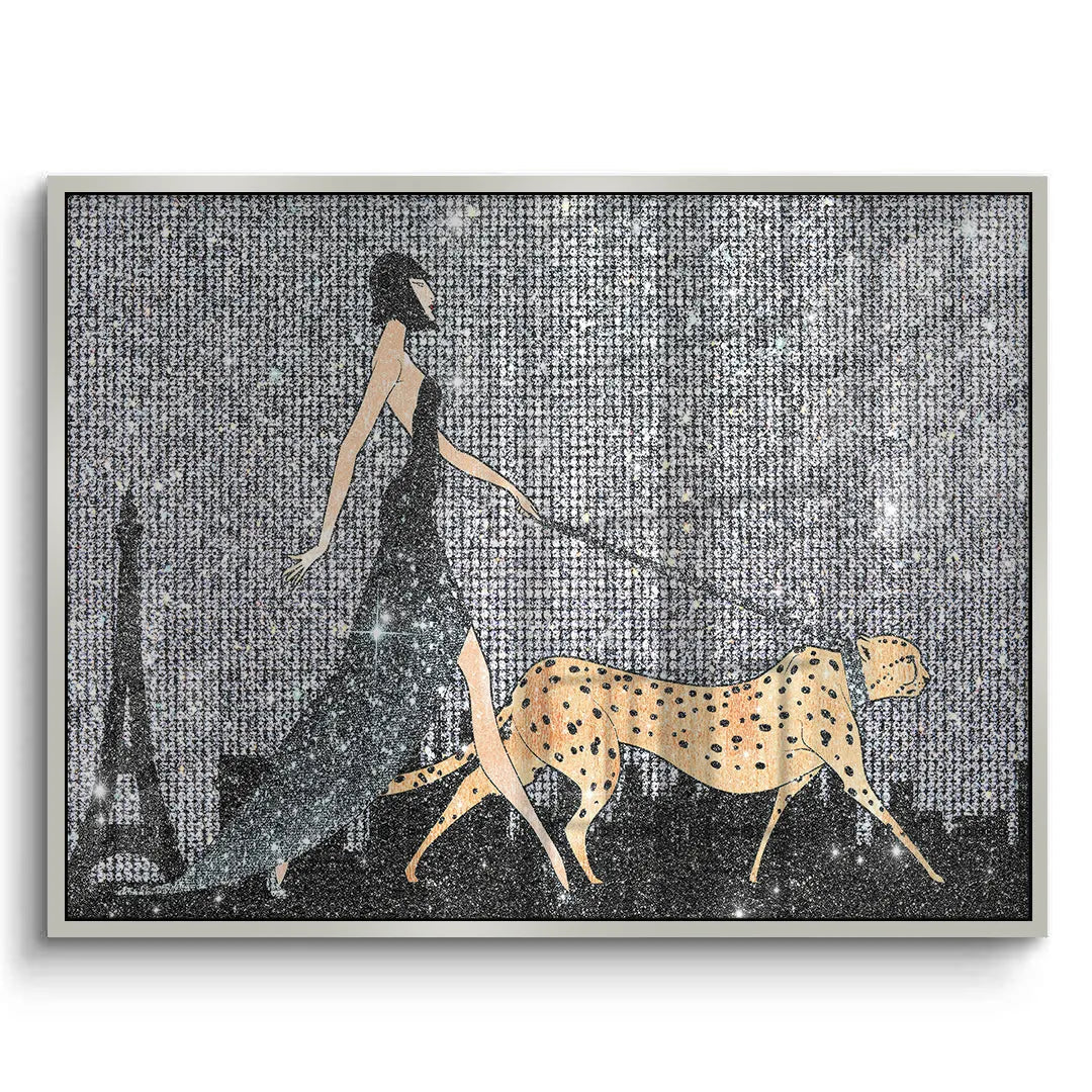 Framed acrylic artwork of a woman in a long dress walking a cheetah on a leash with the Eiffel Tower in the background.