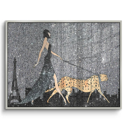 Framed acrylic artwork of a woman in a long dress walking a cheetah on a leash with the Eiffel Tower in the background.