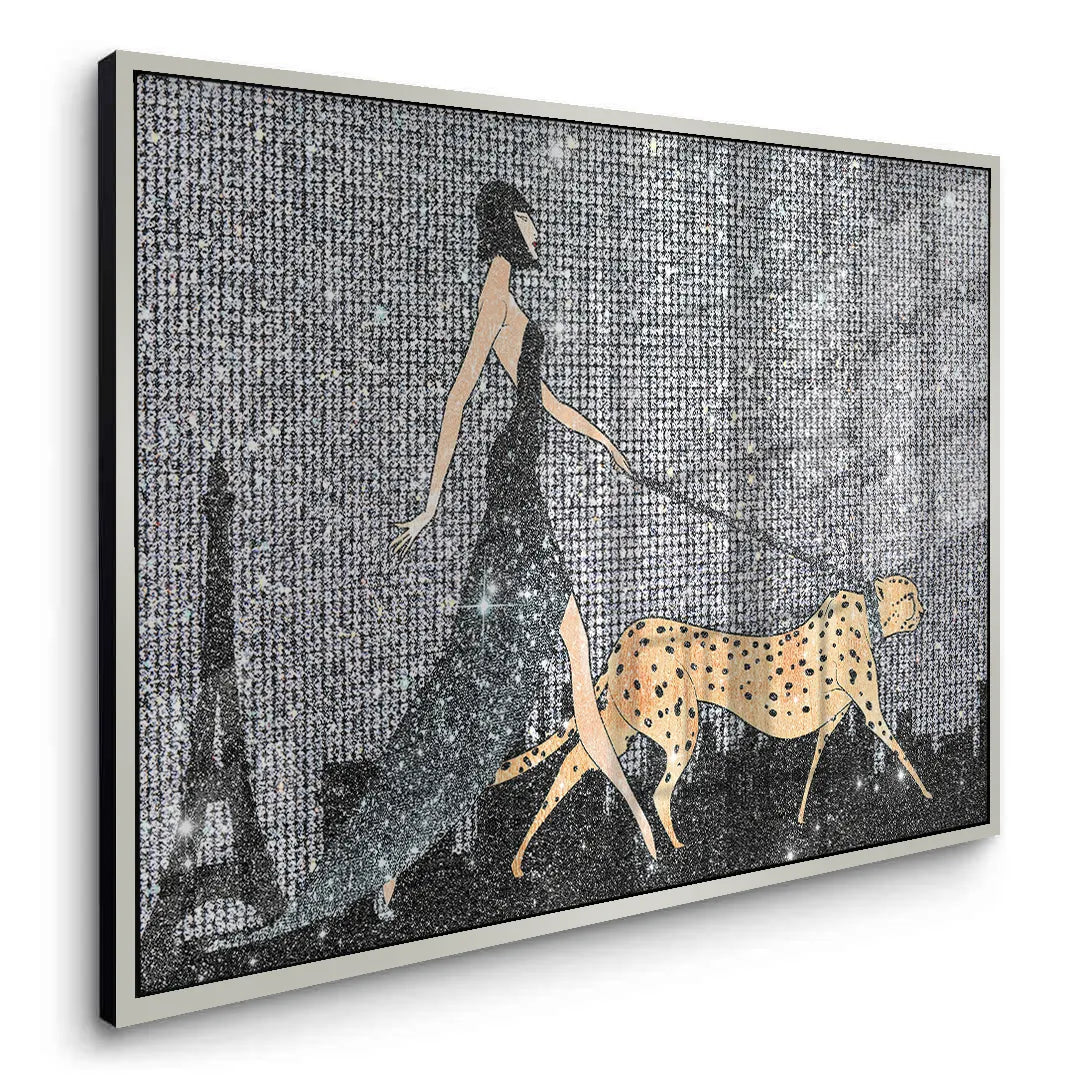 Side view of white framed woman and cheetah acrylic print silver sparkle background