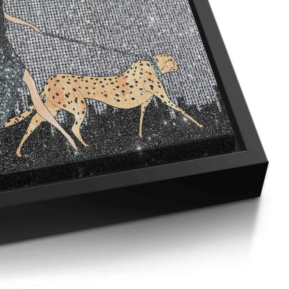 Detailed close-up of the canvas edge with a black frame, showing the cheetah and glitter texture.