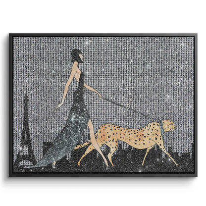 Black framed canvas art of a woman in a long dress walking a cheetah with the Eiffel Tower in the background.