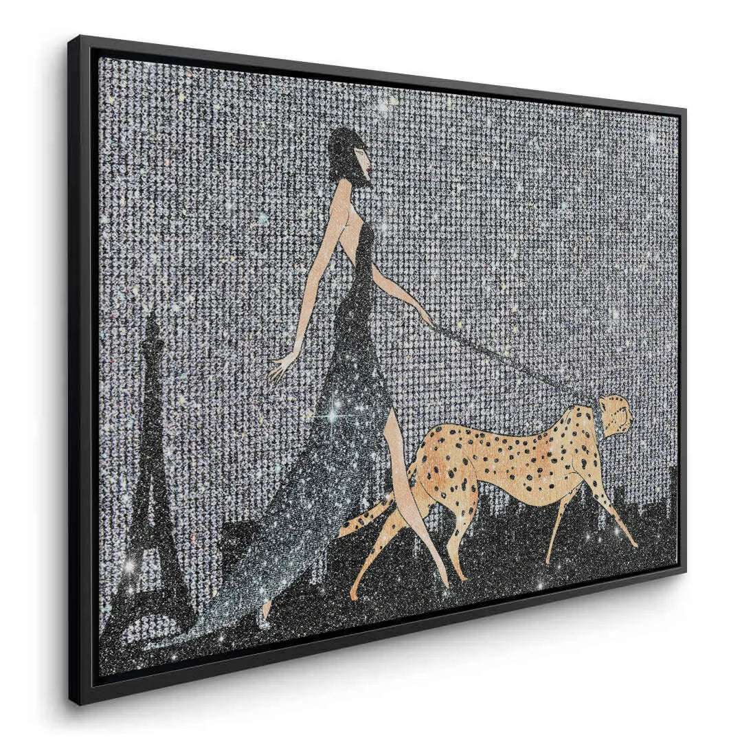 2Angled canvas print of woman walking cheetah in Paris, featuring a black frame.