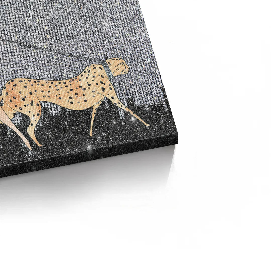 2Detailed close-up of the woman and cheetah art canvas edge.