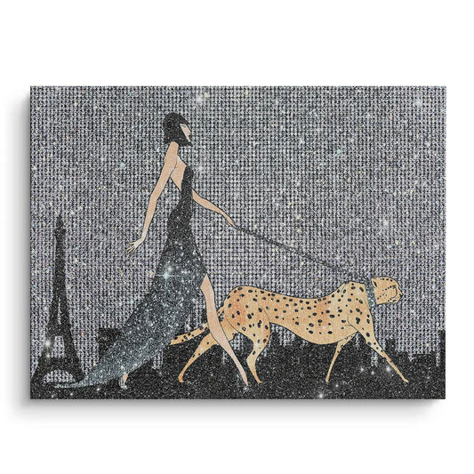 Canvas print of woman walking a cheetah with a silver glitter background and Paris skyline.