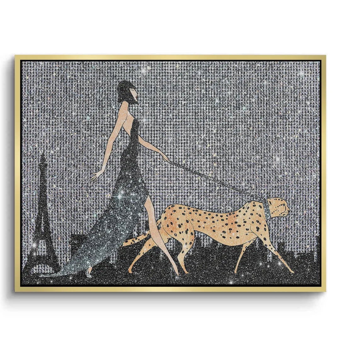 Woman walking cheetah fine art canvas print framed in a stylish gold frame.