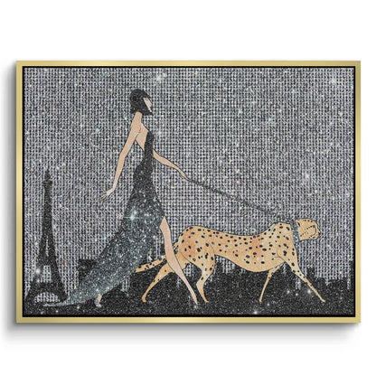 Woman walking cheetah fine art canvas print framed in a stylish gold frame.