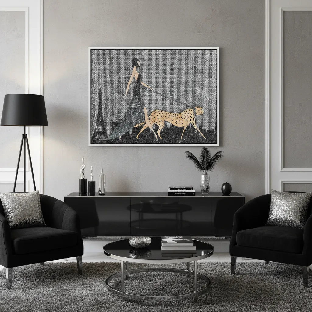 2Modern chic living room with black furniture and large woman and cheetah silver framed canvas art.