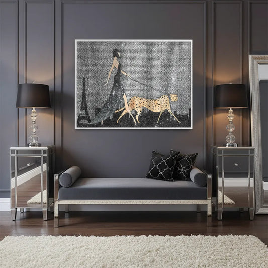 Luxury wall decor with woman and cheetah fine art in modern living room