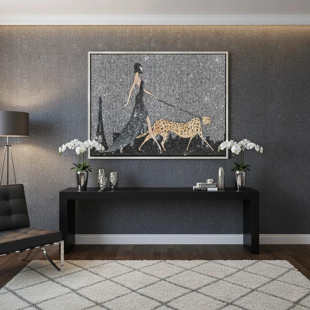 Modern interior with the woman and cheetah canvas art displayed over a black console table.