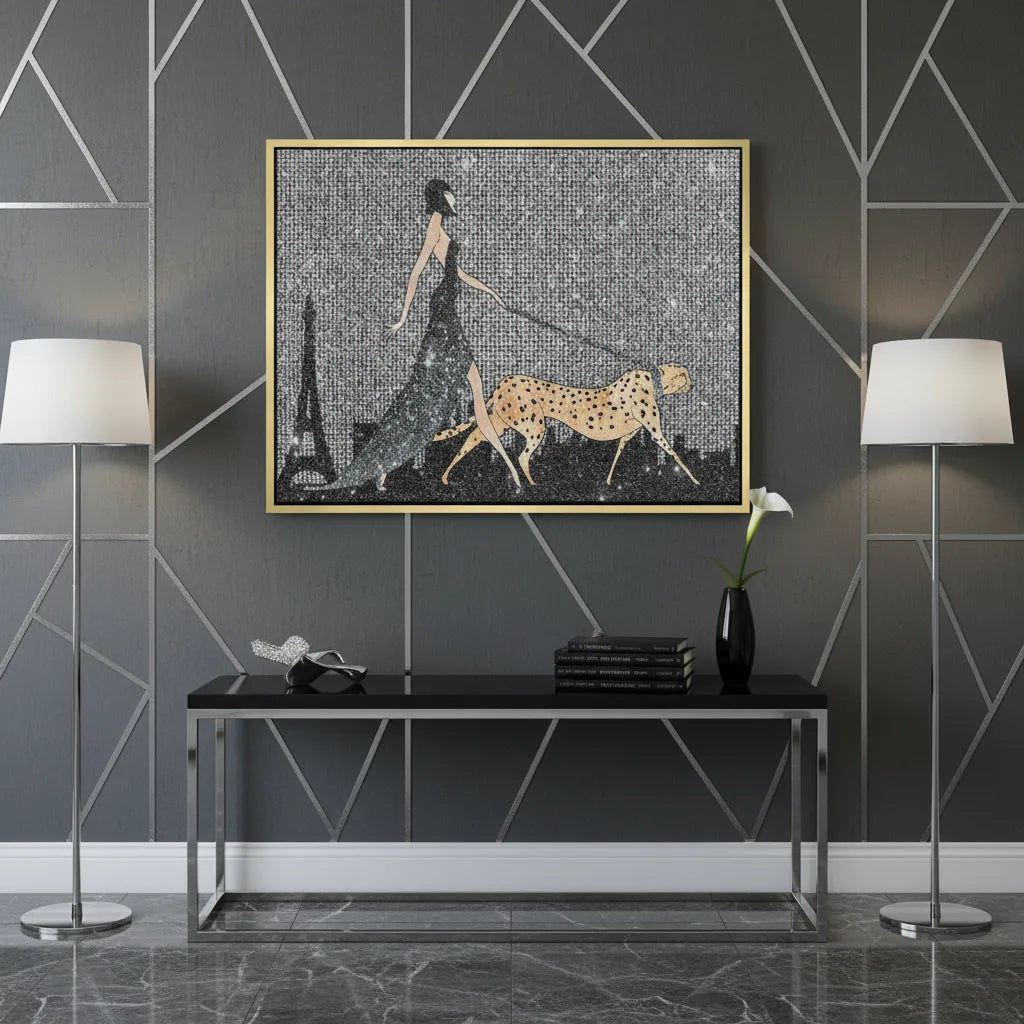 Luxury dark gray room decor with the woman and cheetah gold-framed canvas centered above a console.