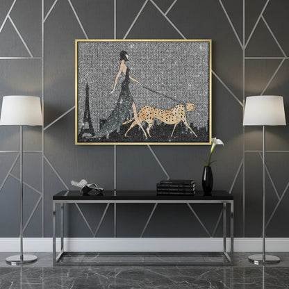 Luxury dark gray room decor with the woman and cheetah gold-framed canvas centered above a console.