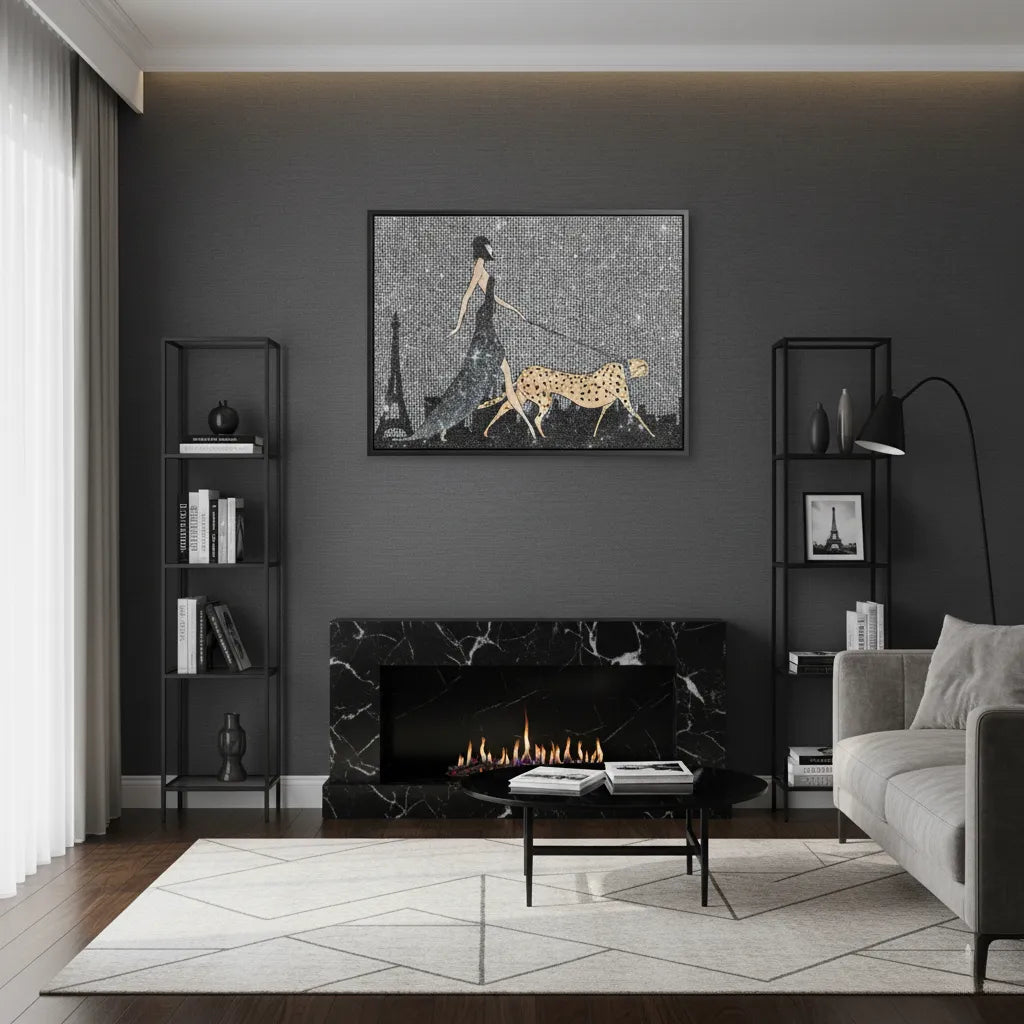 Contemporary living room with large canvas print of woman and cheetah on a silver glitter background.