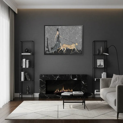 Contemporary living room with large canvas print of woman and cheetah on a silver glitter background.