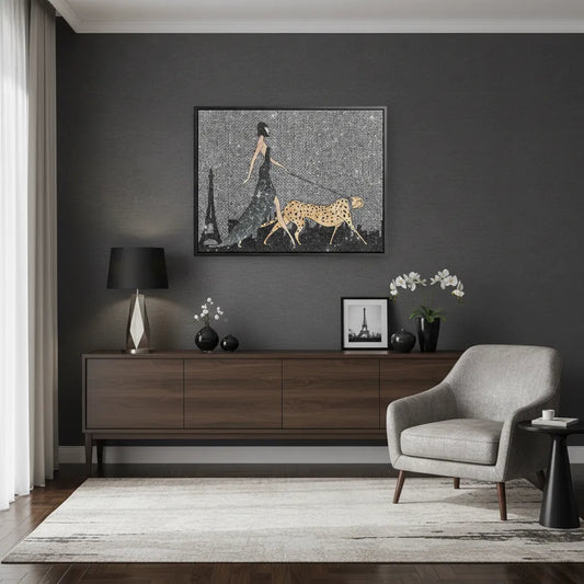 Contemporary living room with woman and cheetah glitter art canvas over a wooden credenza.