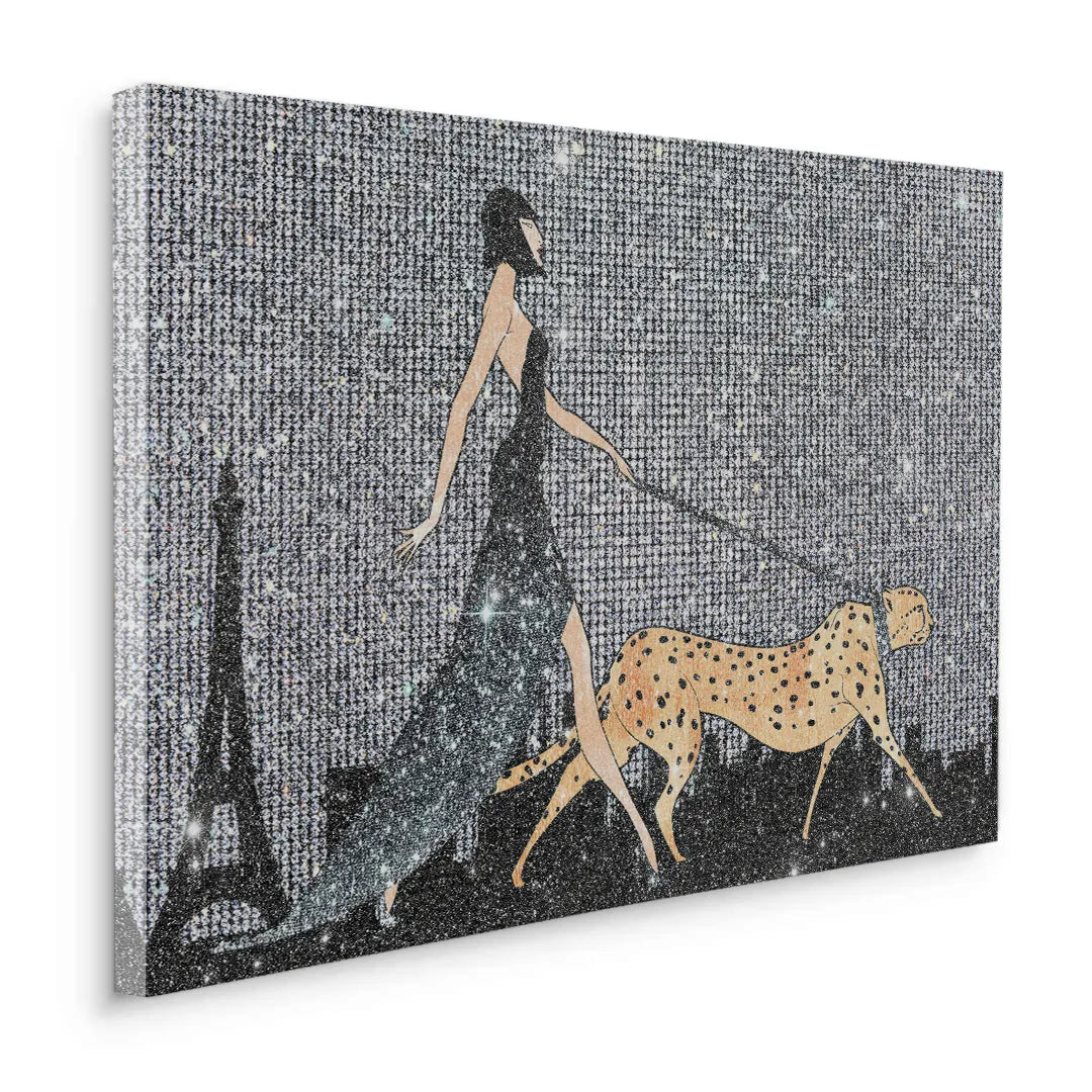 2Angled perspective of the canvas wall art showing a woman and cheetah with a sparkling silver effect.