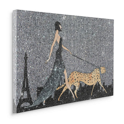 Angled perspective of the canvas wall art showing a woman and cheetah with a sparkling silver effect.