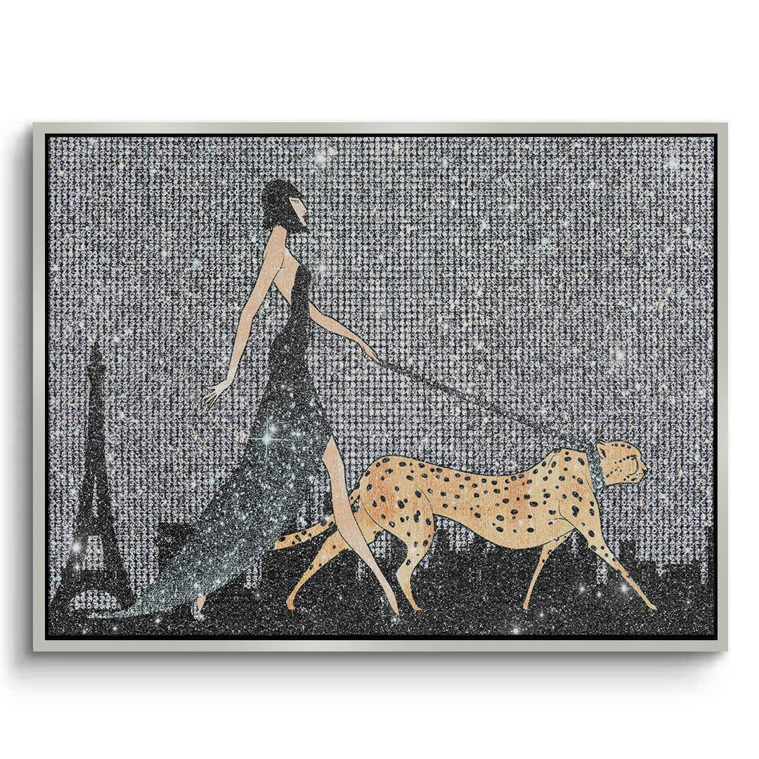 Canvas art print of woman and cheetah in a white frame, with the Eiffel Tower in the background.
