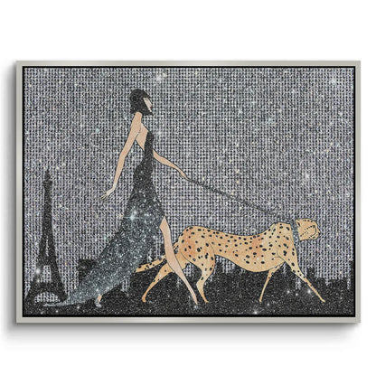 Canvas art print of woman and cheetah in a white frame, with the Eiffel Tower in the background.