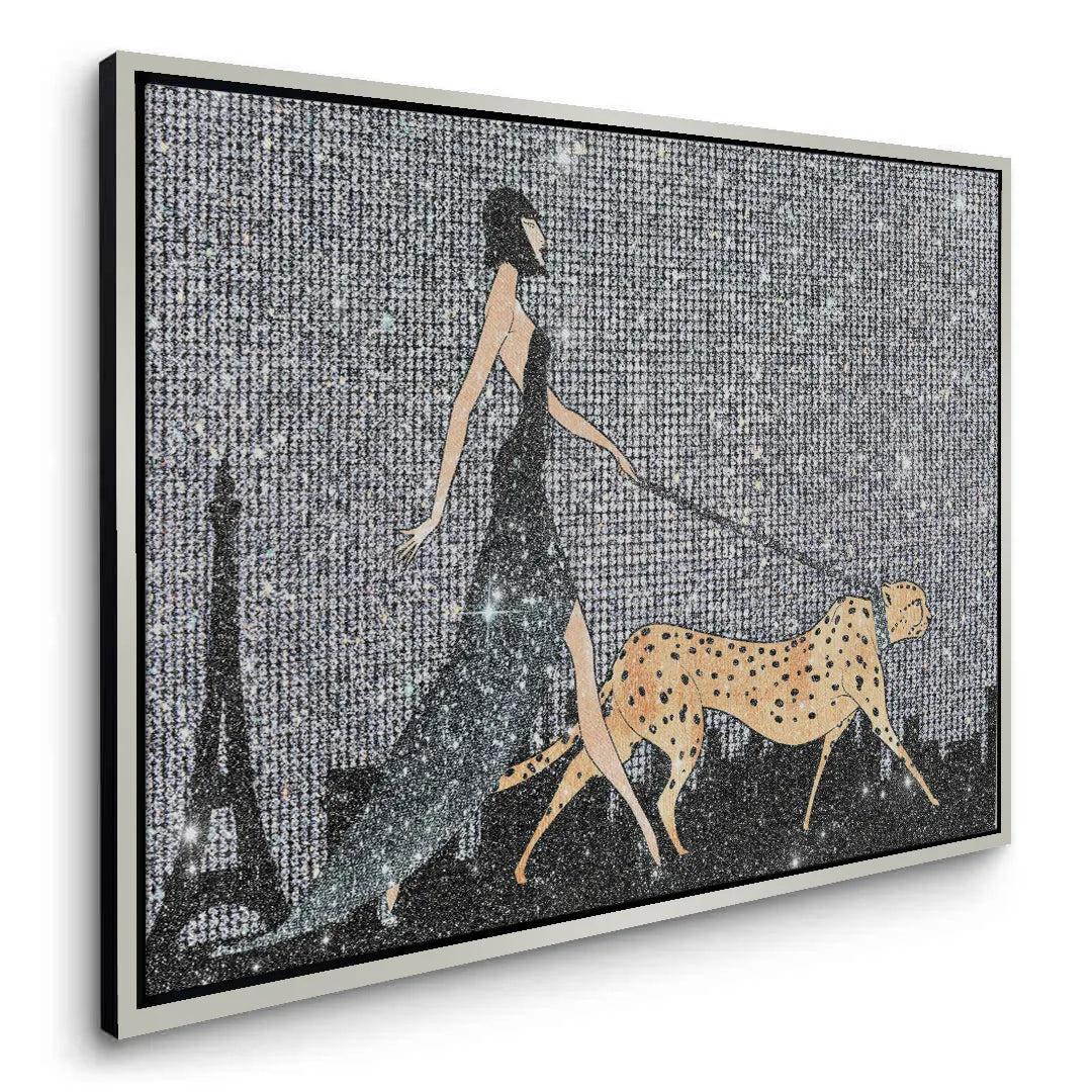 2Angled perspective of the canvas wall art with a metallic silver frame.