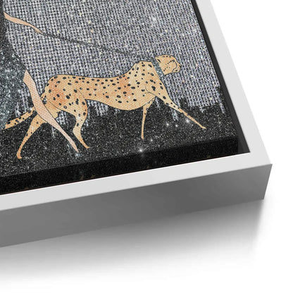 Close-up of the canvas print edge showing the white frame and glitter art texture.
