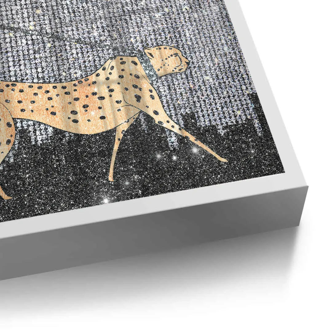 Close-up of fine art print cheetah on leash against a silver glitter background, white frame edge.