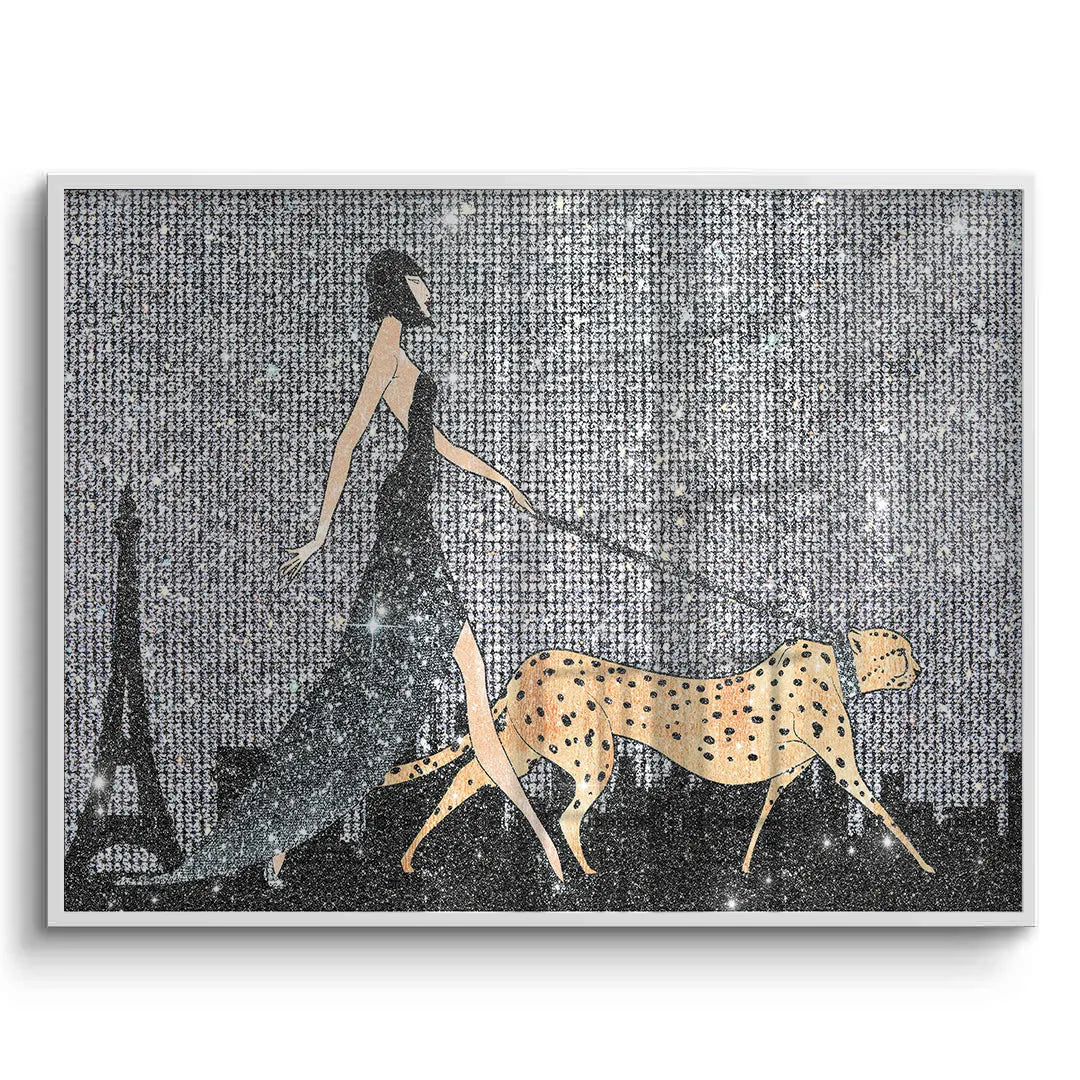 2Horizontal fine art print woman walking cheetah silver glitter background