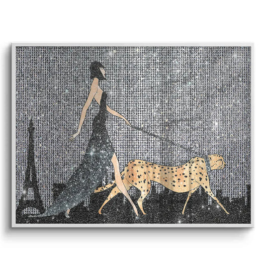 Horizontal fine art print woman walking cheetah silver glitter background
