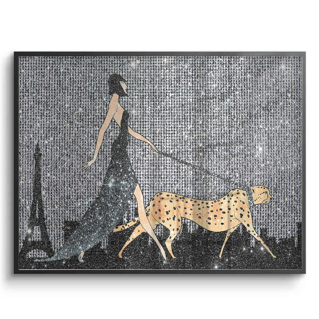2Black framed fine art print of woman walking a cheetah in Paris with black glitter and Eiffel Tower.