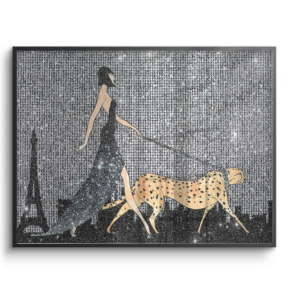 Black framed fine art print of woman walking a cheetah in Paris with black glitter and Eiffel Tower.