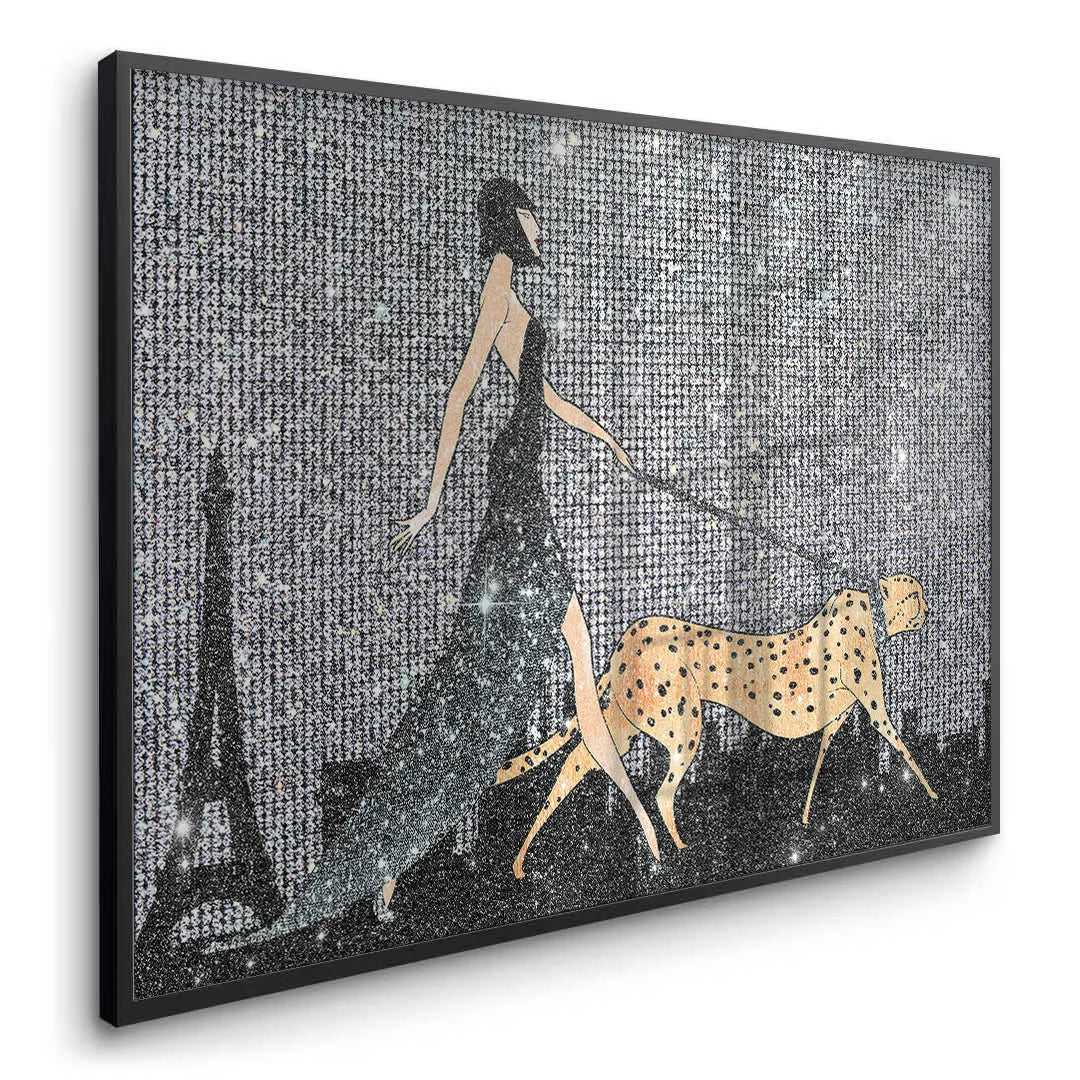 2Black framed fine art print glamorous woman walking cheetah art