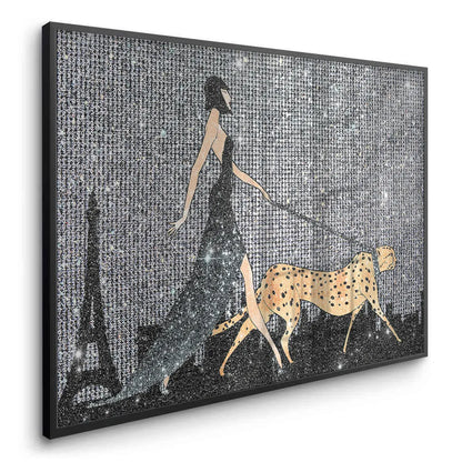 Black framed fine art print glamorous woman walking cheetah art
