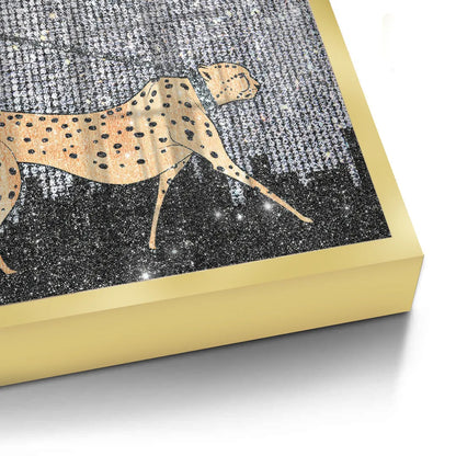 Detailed close-up of the woman and cheetah fine art canvas in gold frame.