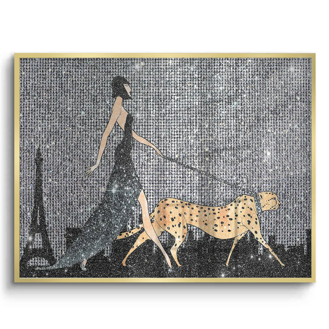2Rectangular fine art canvas print with a woman and cheetah in a gold frame.