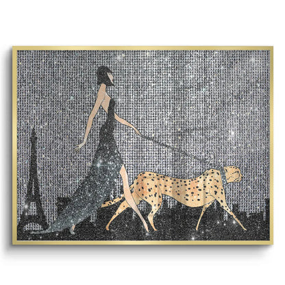 Rectangular fine art canvas print with a woman and cheetah in a gold frame.