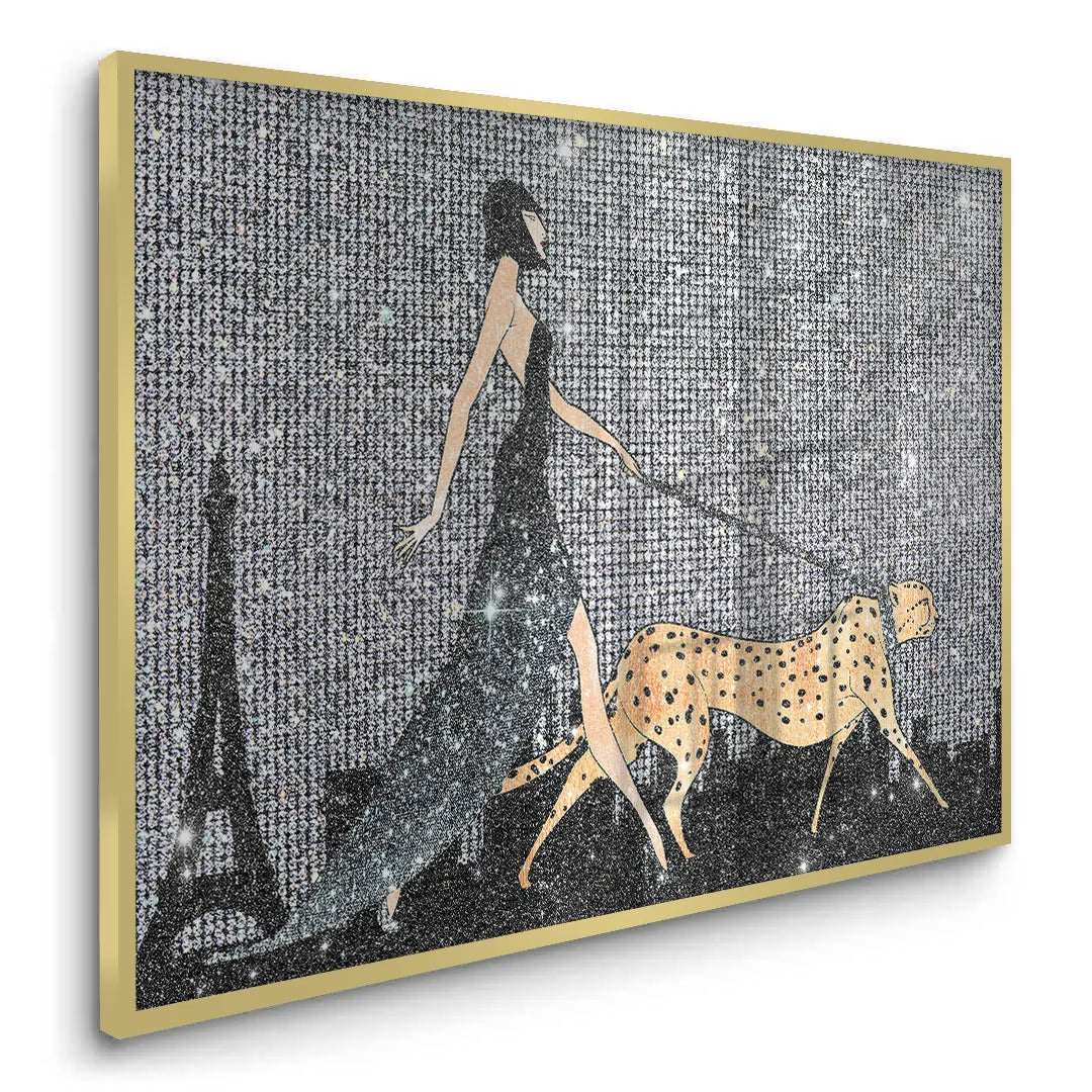 Angled view of the large woman walking cheetah fine art print in a sleek gold frame.