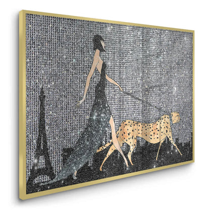 Angled view of the large woman walking cheetah fine art print in a sleek gold frame.
