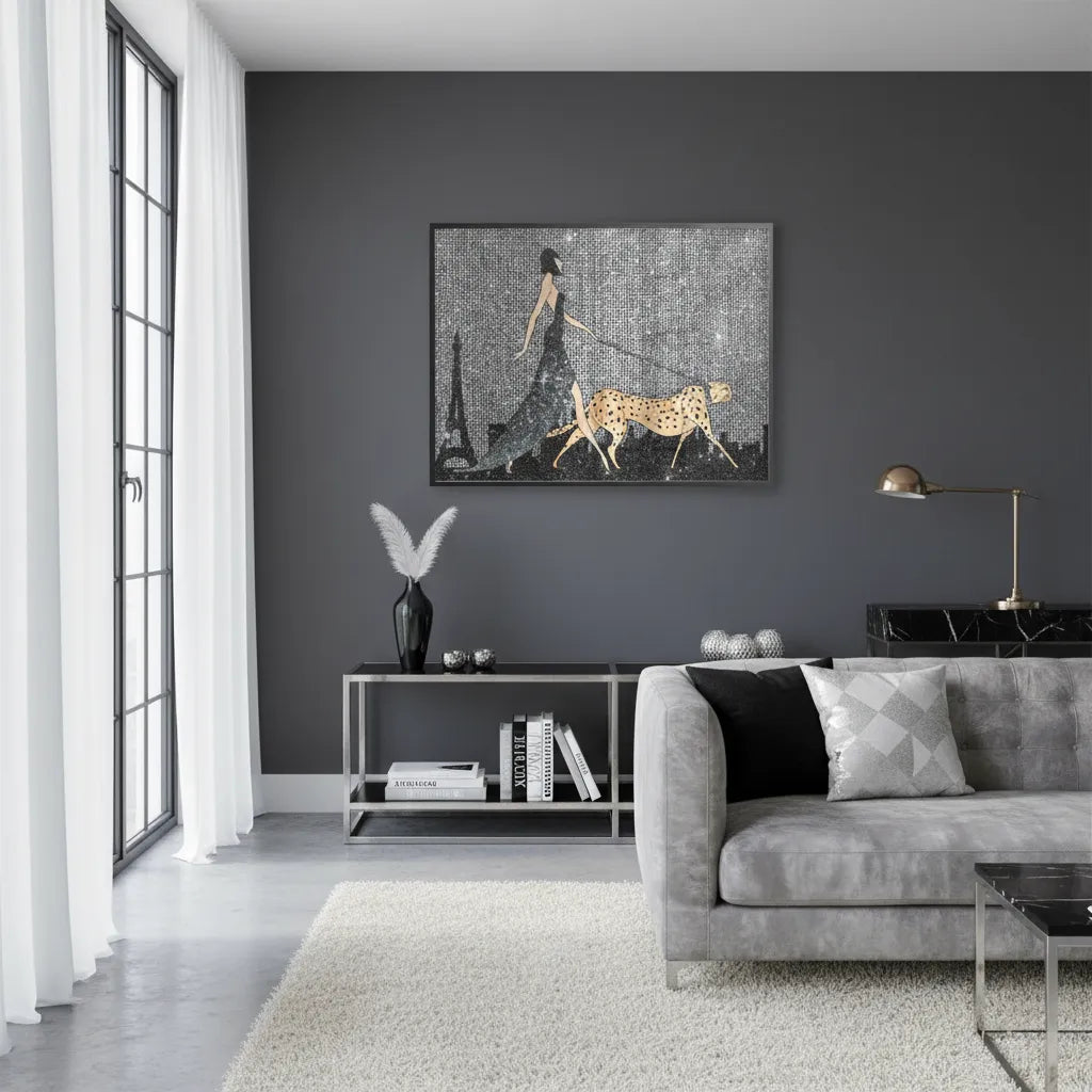 Black framed woman walking cheetah fine art contemporary living room