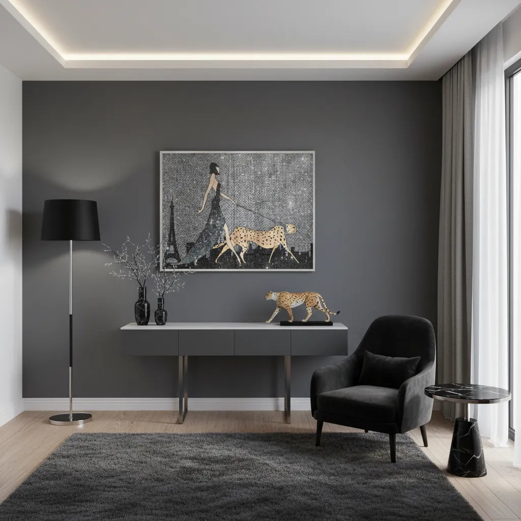 2Modern living room with a woman and cheetah fine art print over a console table.