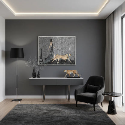 Modern living room with a woman and cheetah fine art print over a console table.