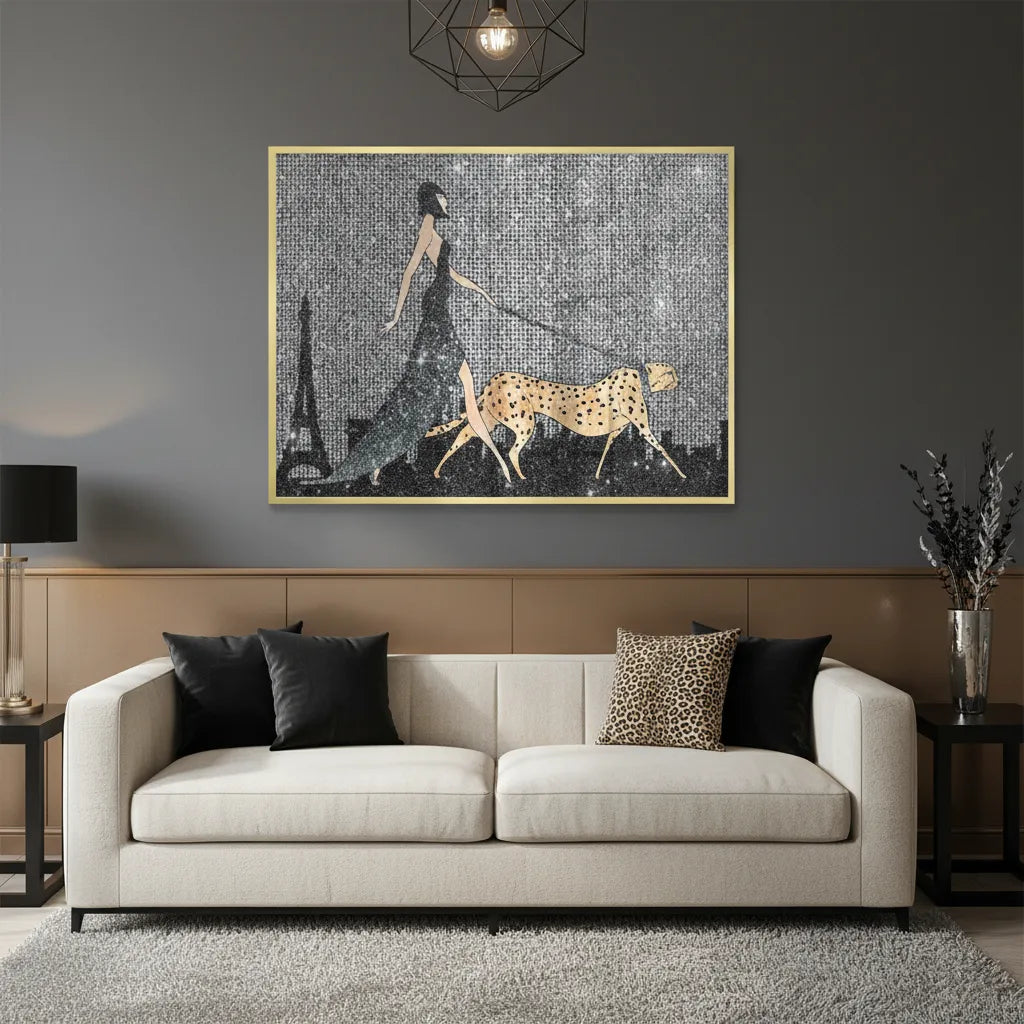 2Contemporary living room with a neutral sofa and large woman and cheetah fine art print above it.