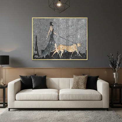 Contemporary living room with a neutral sofa and large woman and cheetah fine art print above it.