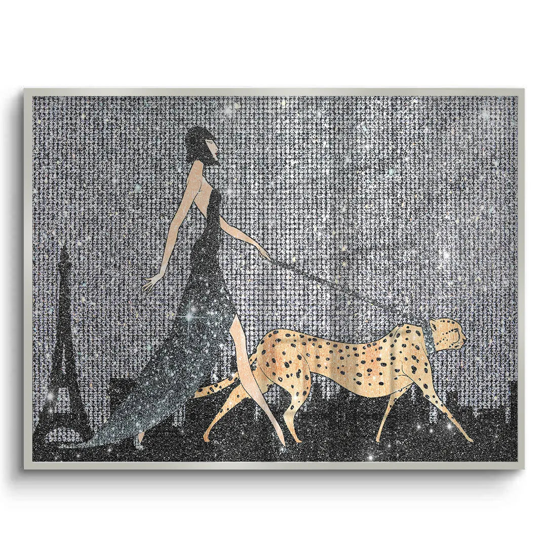 Silver framed fine art featuring a woman, cheetah, and Paris skyline with a sparkling silver background.