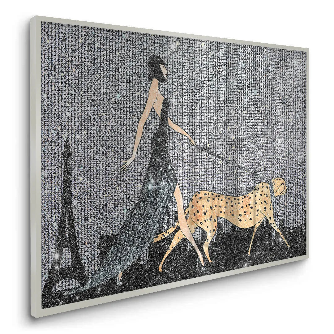 2Angled view of a dark fine art canvas print featuring a woman walking a cheetah on a leash.