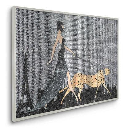 Angled view of a dark fine art canvas print featuring a woman walking a cheetah on a leash.
