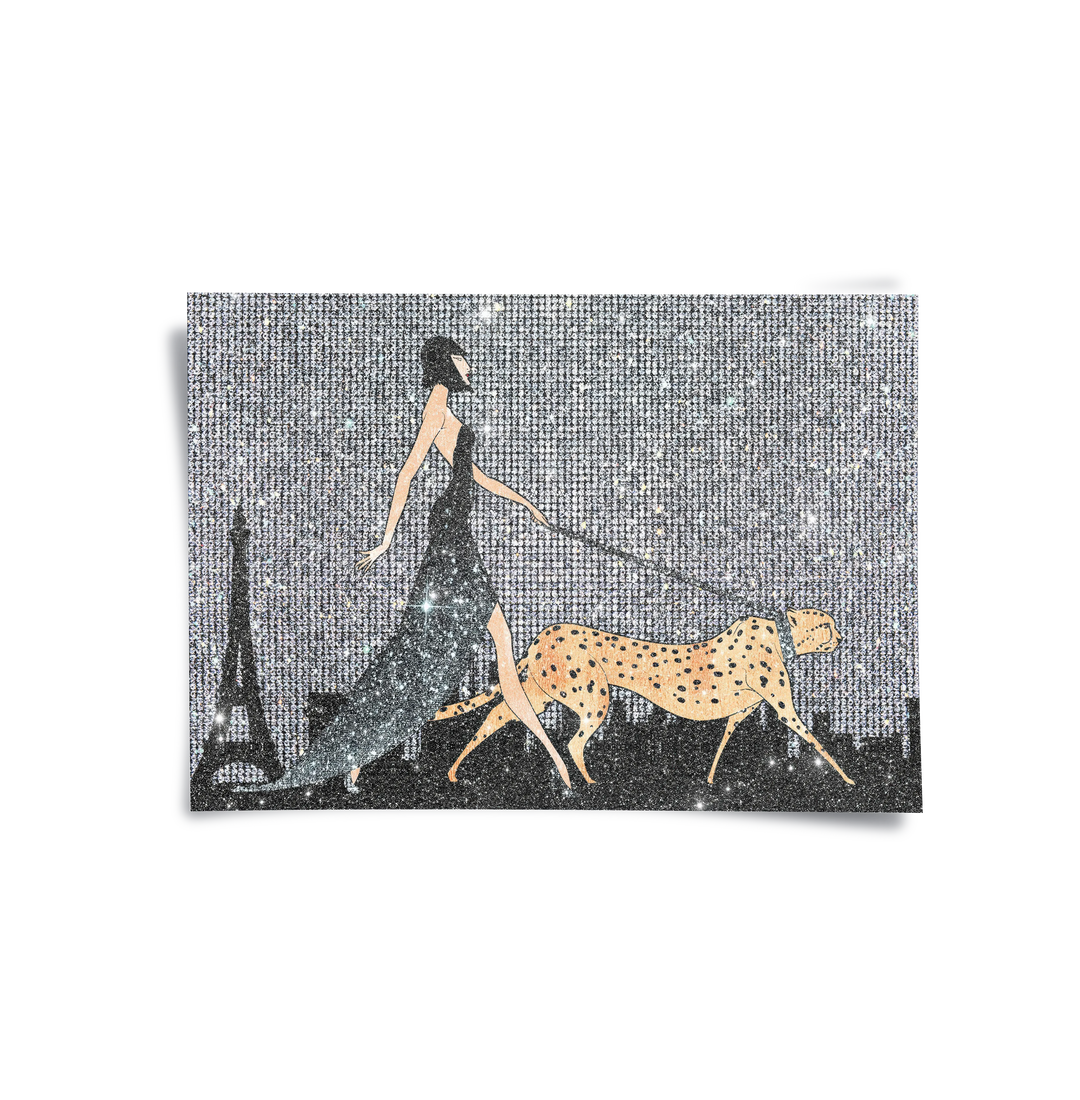 Horizontal fashion poster print woman walking cheetah silver glitter background