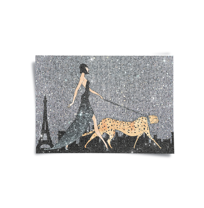 Horizontal fashion poster print woman walking cheetah silver glitter background