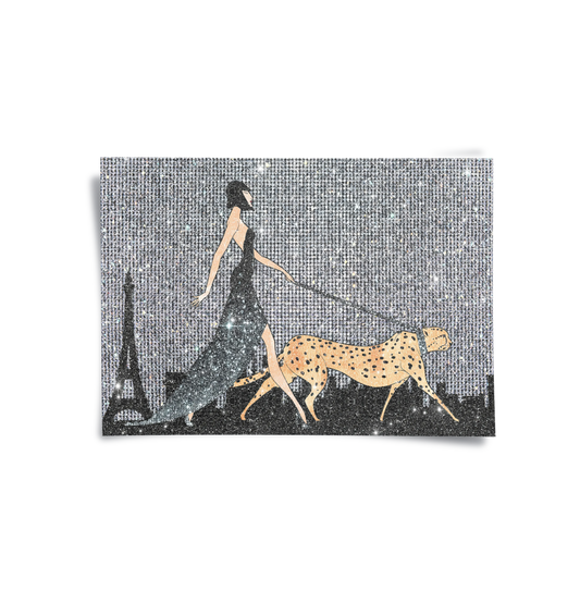 Horizontal fashion poster print woman walking cheetah silver glitter background