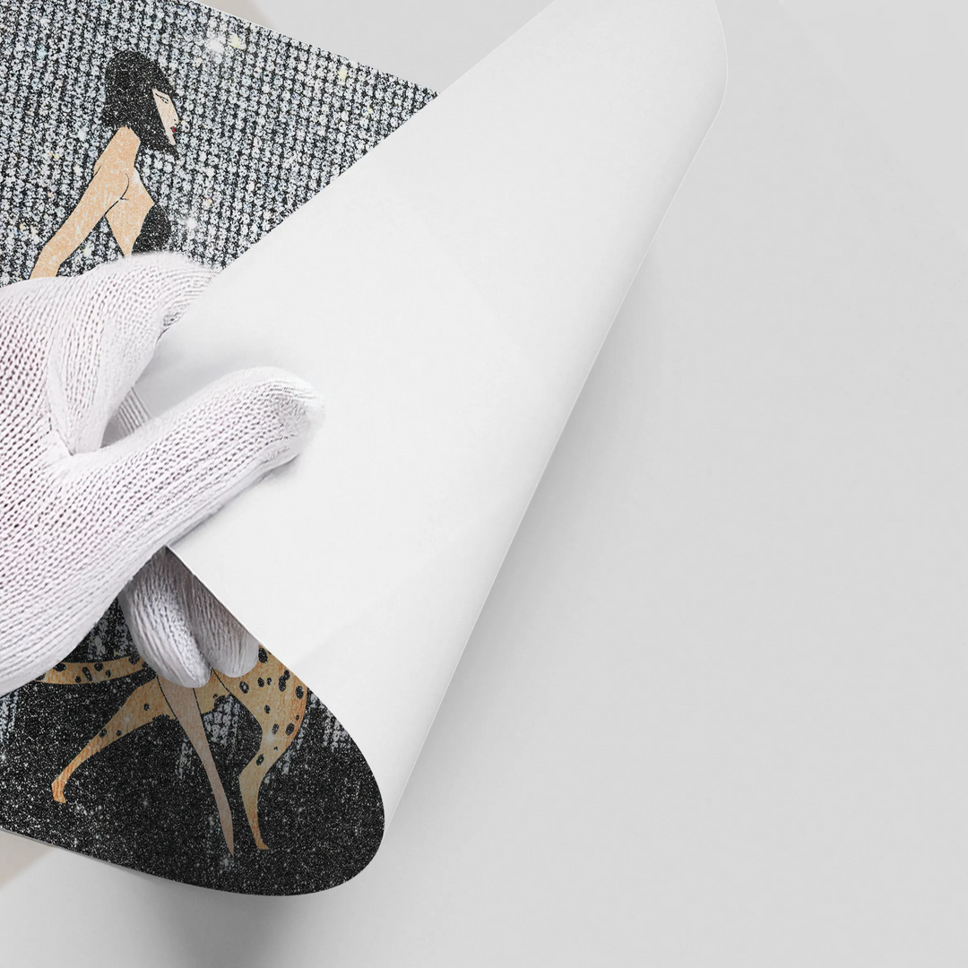 Close-up of high-quality poster edge woman and cheetah print detail