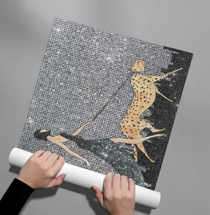 Hands unrolling large poster woman and cheetah art with Eiffel Tower silhouette