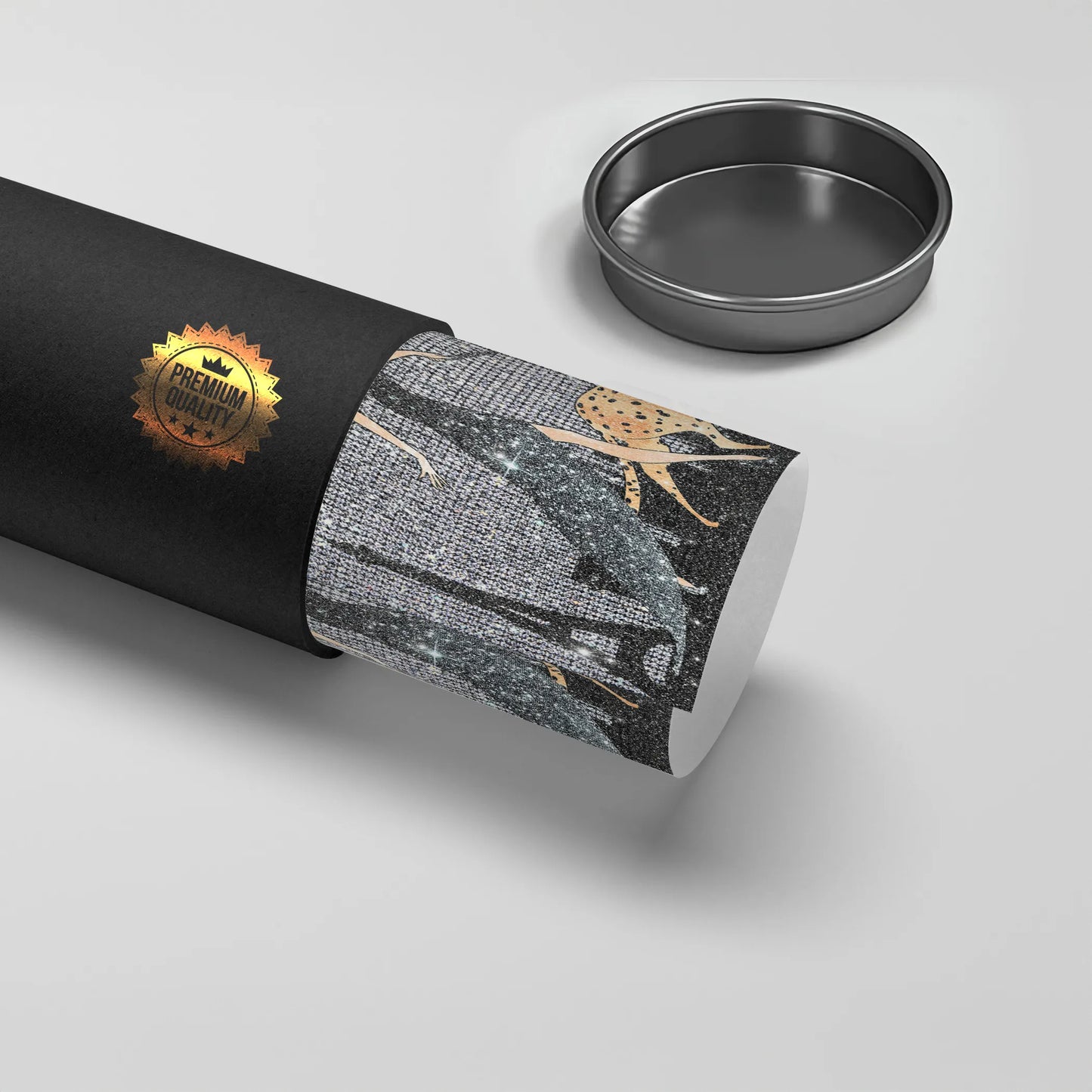 2Rolled luxury poster woman walking cheetah in black premium packaging tube